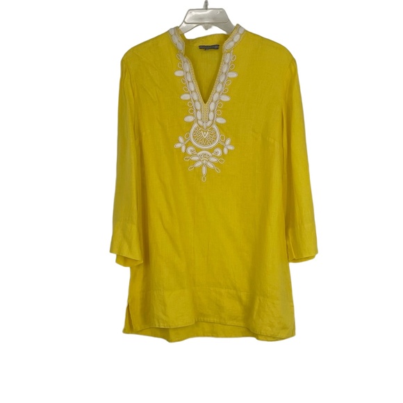 Anne Klein Women's Yellow‎ Embroidered Linen 3/4 Sleeve Kurta Tunic Top Size M - Picture 1 of 9